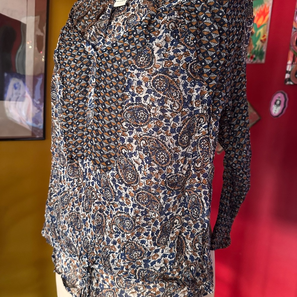 Lucky Brand Blue and Brown Paisley Mixed-Print Blouse